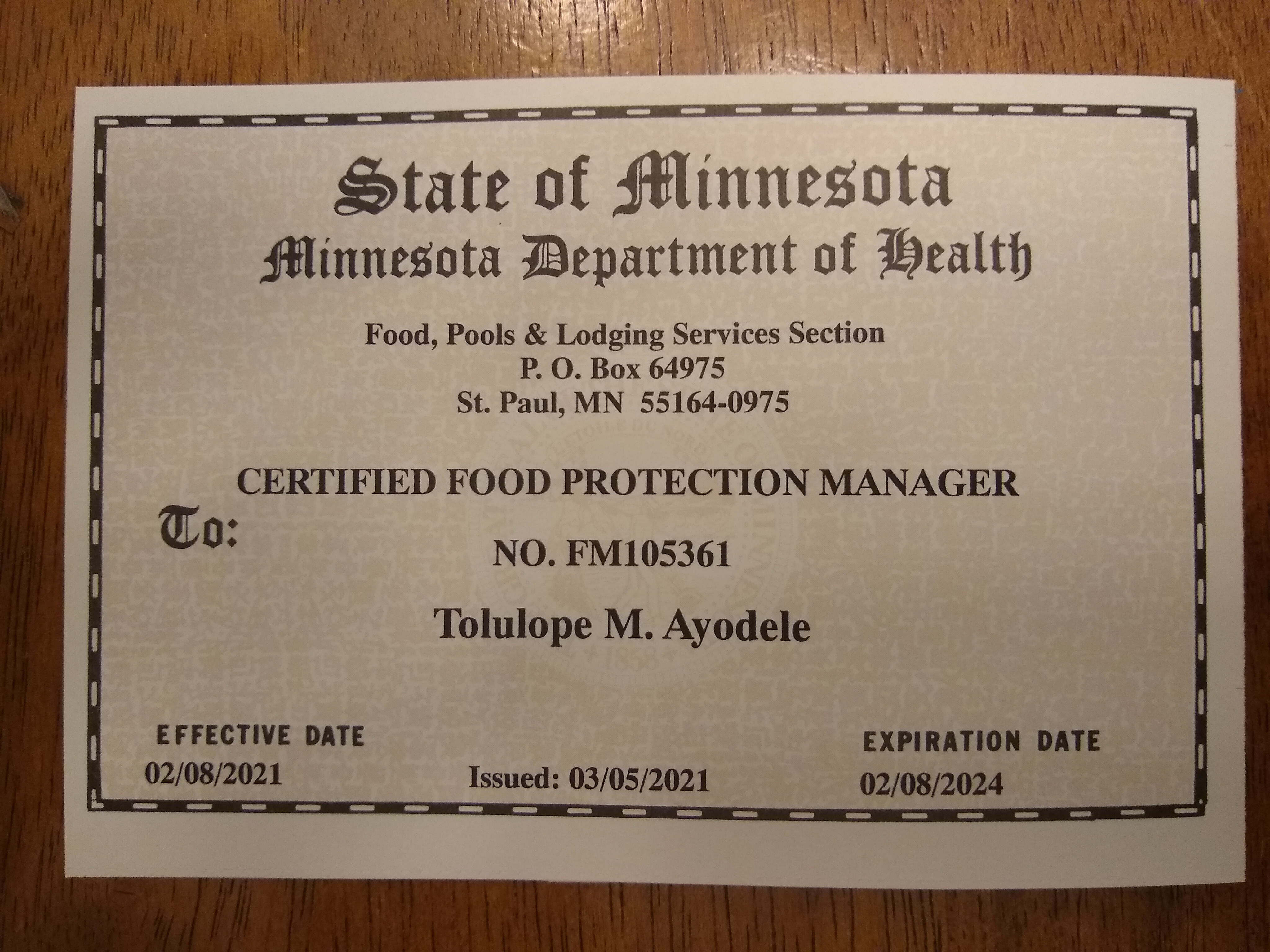 Food Protection Manager Certificate